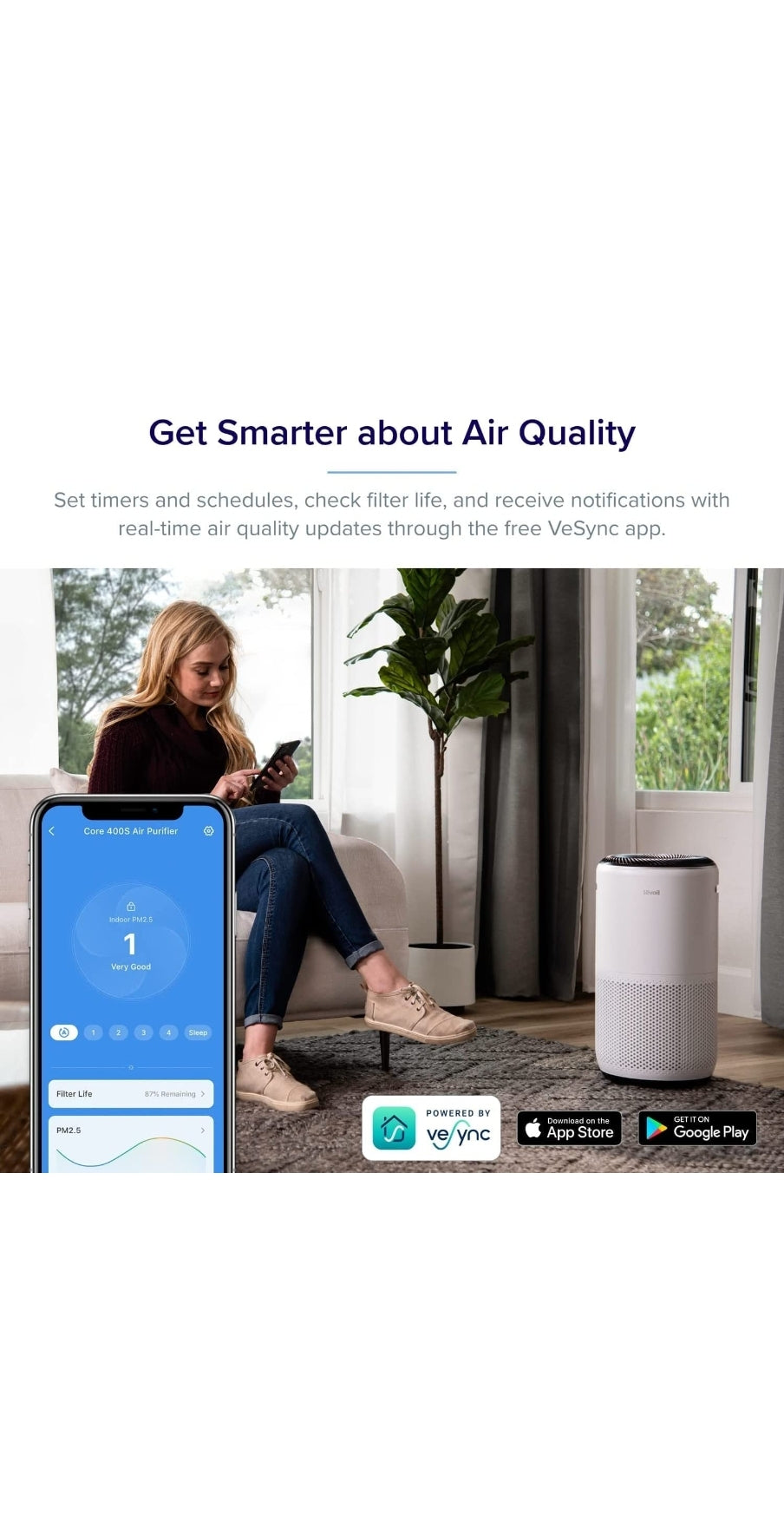LEVOIT Air Purifiers for Large Home Bedroom 83m², CADR 400m³/h, Alexa Enabled, H13 HEPA Filter with PM2.5 Intelligent Air Quality Sensor, Removes 99.97% Pollen Allergy Dust Smoke Pet, Auto Mode, White