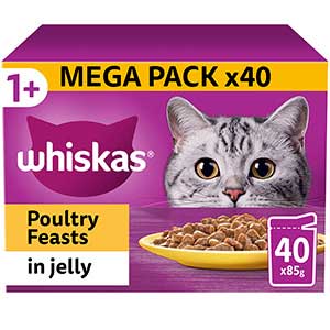 Whiskas Wet 1+ Adult Cat Food Poultry Feasts in Jelly 40x85g Pouches