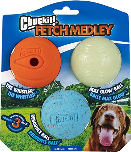 ChuckIt! Fetch Medley Gen 1 Rubber Dog Balls, The Whistler, Max Glow & Rebounce Balls for Dogs, Durable High Bounce Launcher Compatible Dog Toy, Medium, 3 Pack - Pets Universe